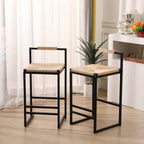 Set of 2 Bar Stools with Back Paper Rope Woven Counter Height