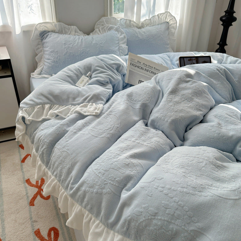 A-class ins princess style milk velvet four piece set lace carved velvet warm cover winter bedding