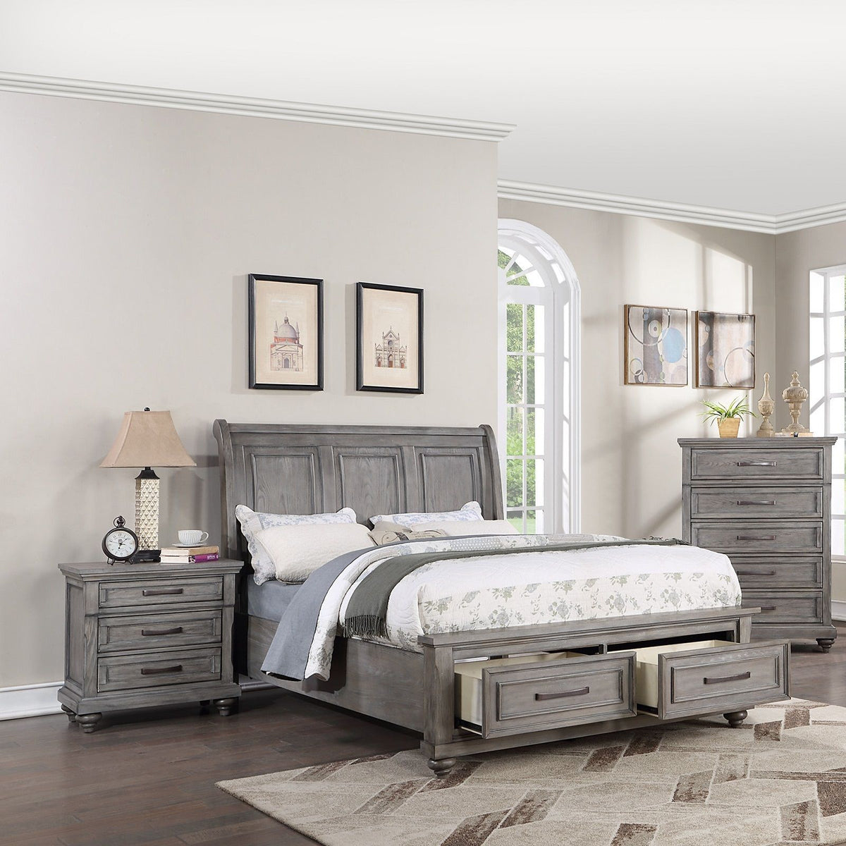 Panel 3 Piece Bedroom Set with Nightstands - Dark Gray or Dark Brown