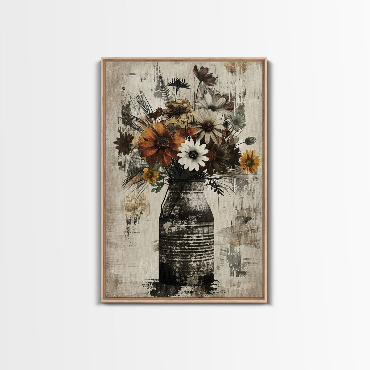Rustic metal vase filled with autumn flowers on rustic background Framed Canvas