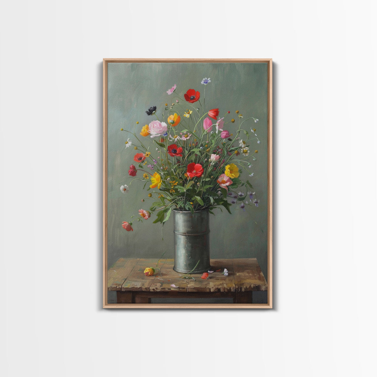 Rustic Flower Vase Art on Weathered Table - Framed Canvas Print