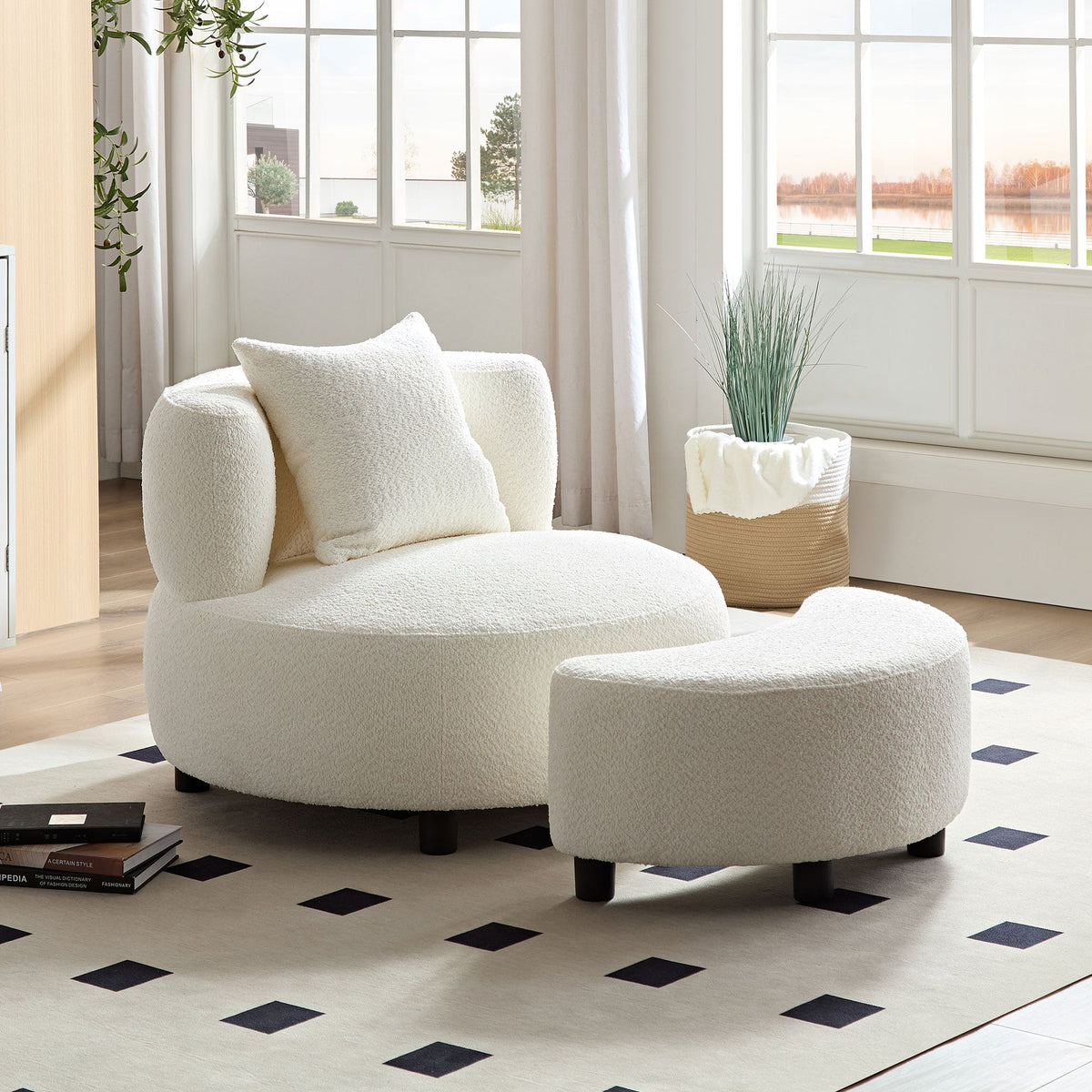Modern Chair, Single Teddy Fabric Sofa Chair with Ottoman Foot Rest