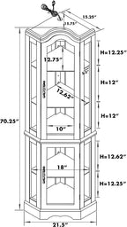 Corner Curio cabinet, adjustable tempered glass frame, rearview mirror, display cabinet, walnut wood (excluding E26 bulbs)