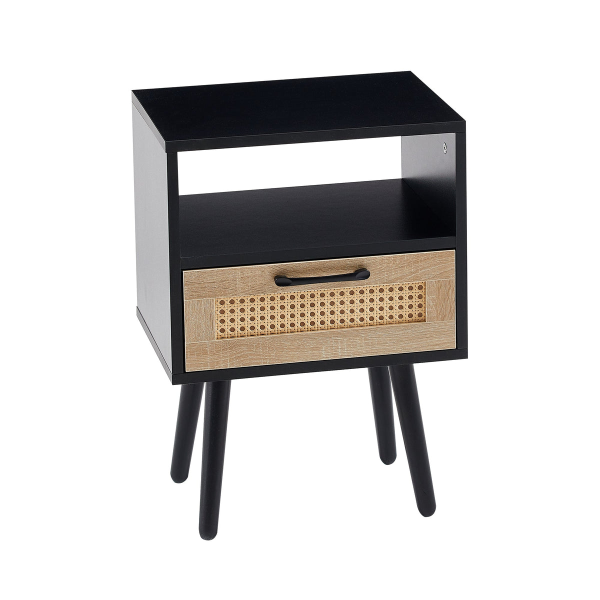 15.75" Rattan End table with drawer and solid wood legs Modern nightstand