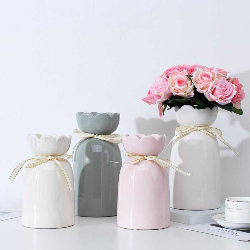 European-style creative ribbon ceramic vase dining room table dry flower arrangement