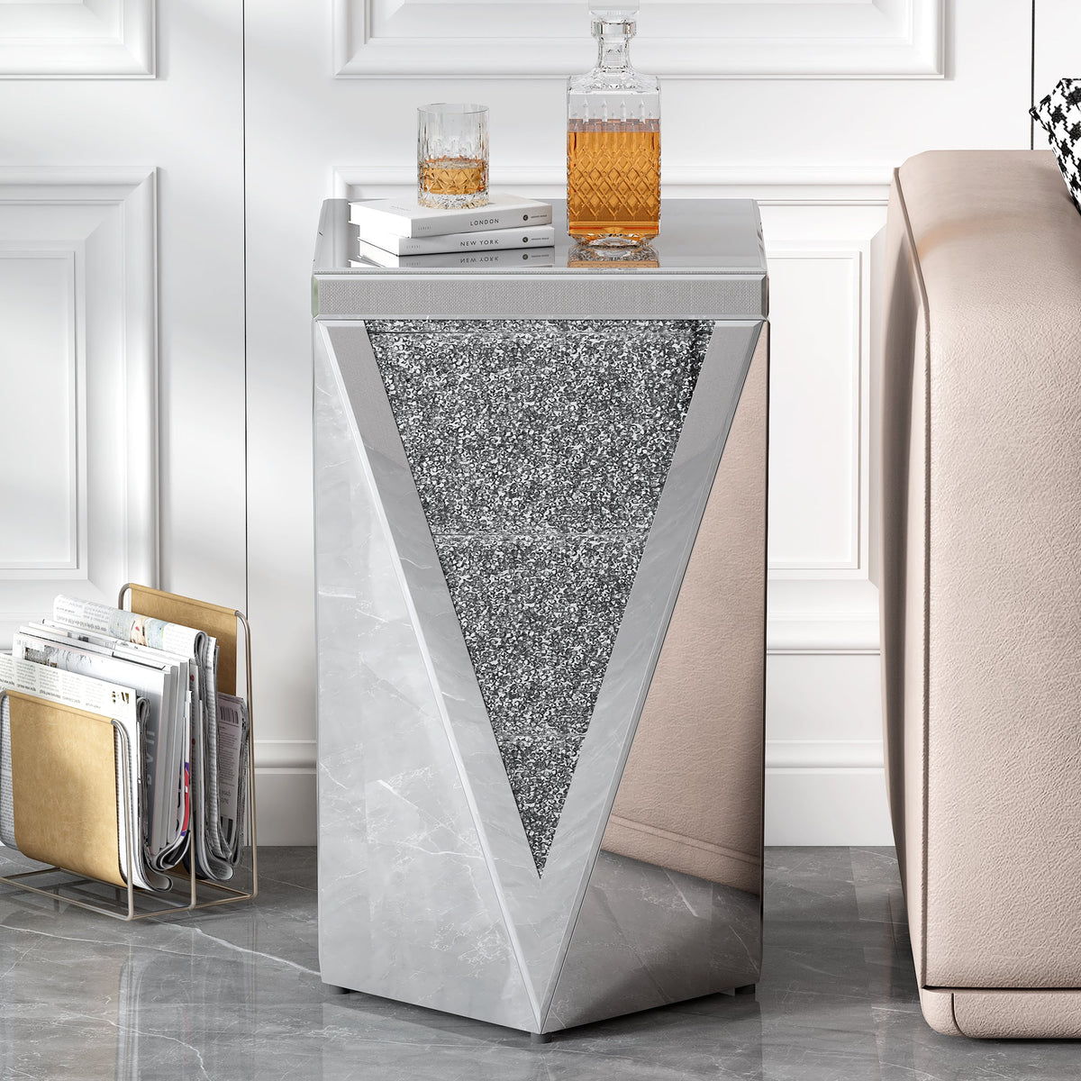 U-Can 13.8'' Silver Square Mirrored End Table, Modern Side Table