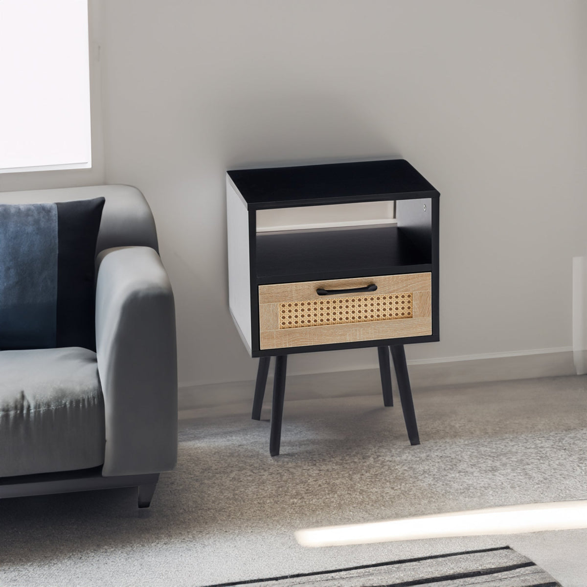 15.75" Rattan End table with drawer and solid wood legs Modern nightstand