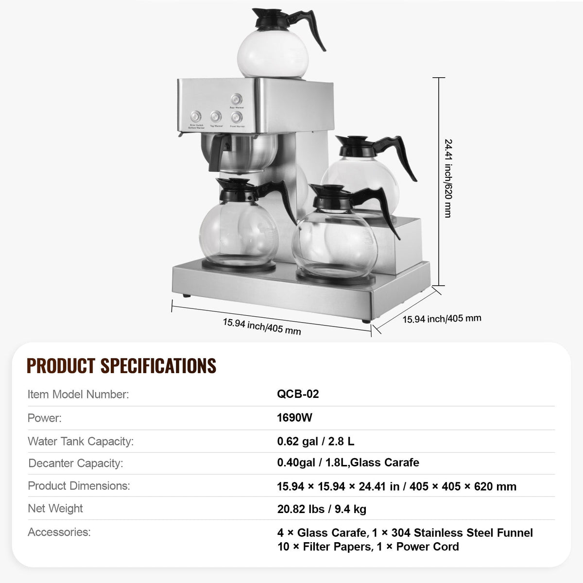 Commercial Drip Coffee Maker, 12 Cups Coffee-Maker Machine with 4 Glass Carafes and 4 Decanter plates