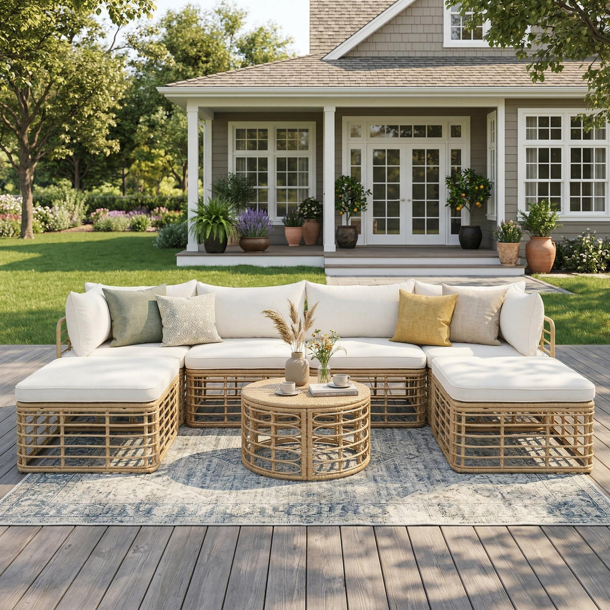 Outdoor Patio Furniture, All-Weather Rattan Sectional Sofa Set With Thick Cushions And Pillows