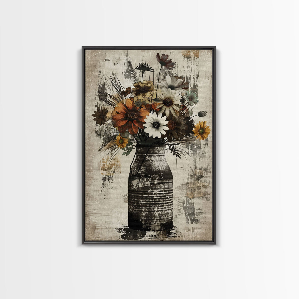 Rustic metal vase filled with autumn flowers on rustic background Framed Canvas