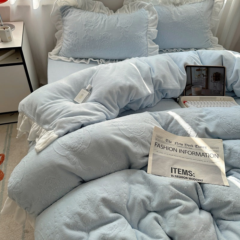 A-class ins princess style milk velvet four piece set lace carved velvet warm cover winter bedding
