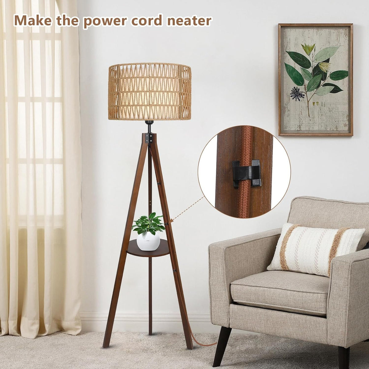 Boho Tripod Floor Lamp with Shelves, Mid Century Wood Standing Lamp