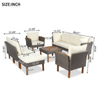 9-piece Patio rattan furniture set with Acacia wooden legs and tabletop sofa set