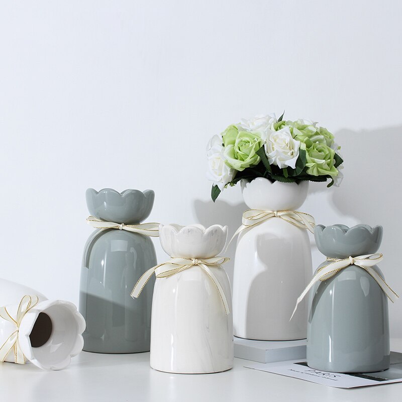 European-style creative ribbon ceramic vase dining room table dry flower arrangement