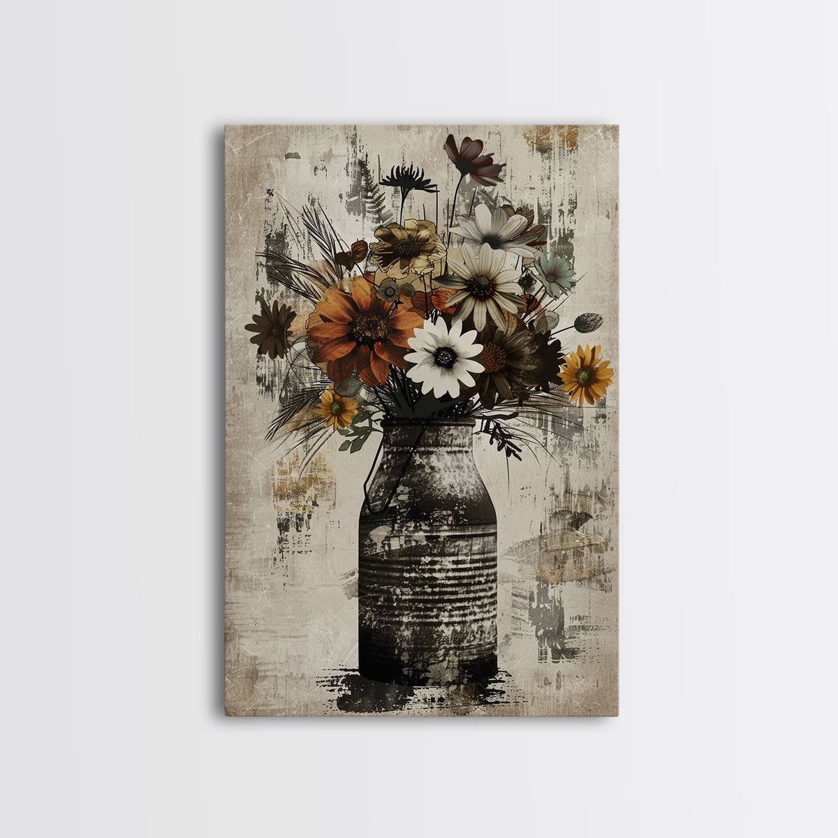 Rustic metal vase filled with autumn flowers on rustic background Framed Canvas