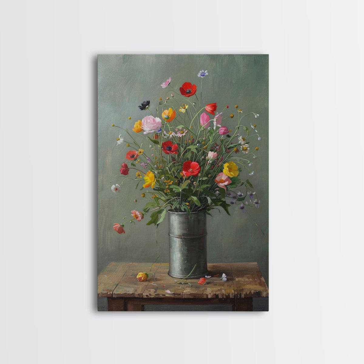 Rustic Flower Vase Art on Weathered Table - Framed Canvas Print