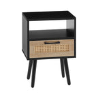 15.75" Rattan End table with drawer and solid wood legs Modern nightstand