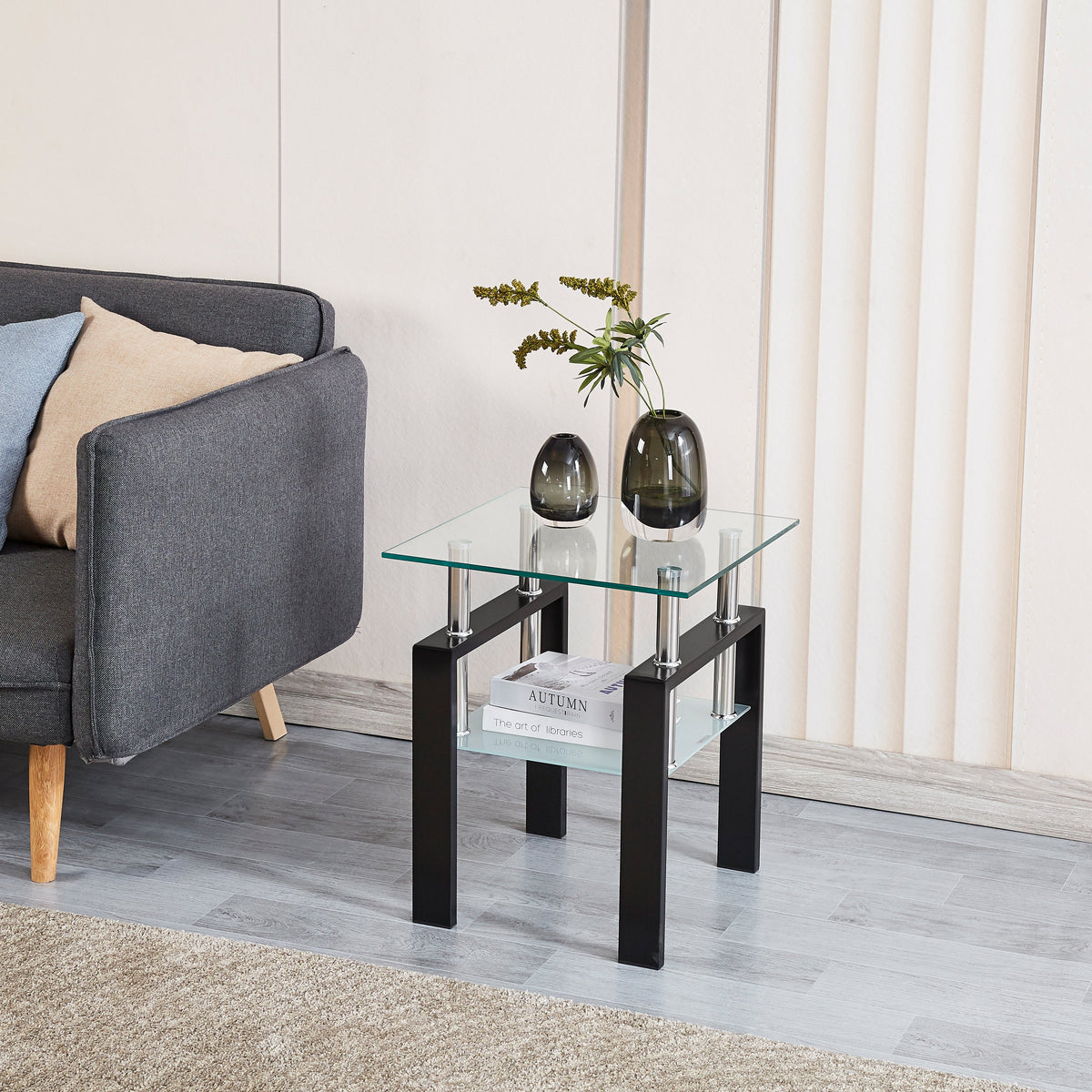 Tempered Transparent Glass End Table 2-Layers Small Table