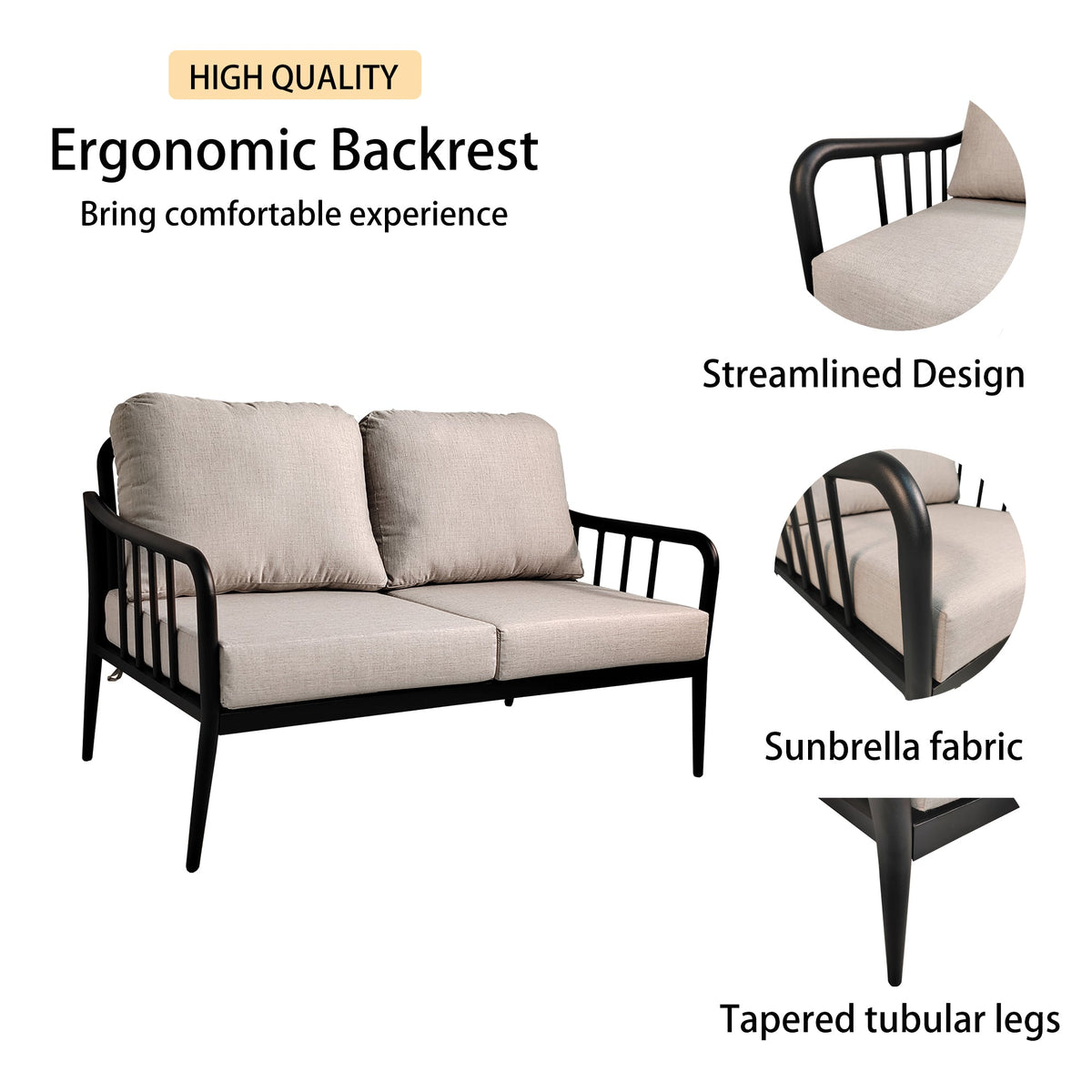 2PC Outdoor Aluminum Patio Furniture Modern Loveseat Sofa