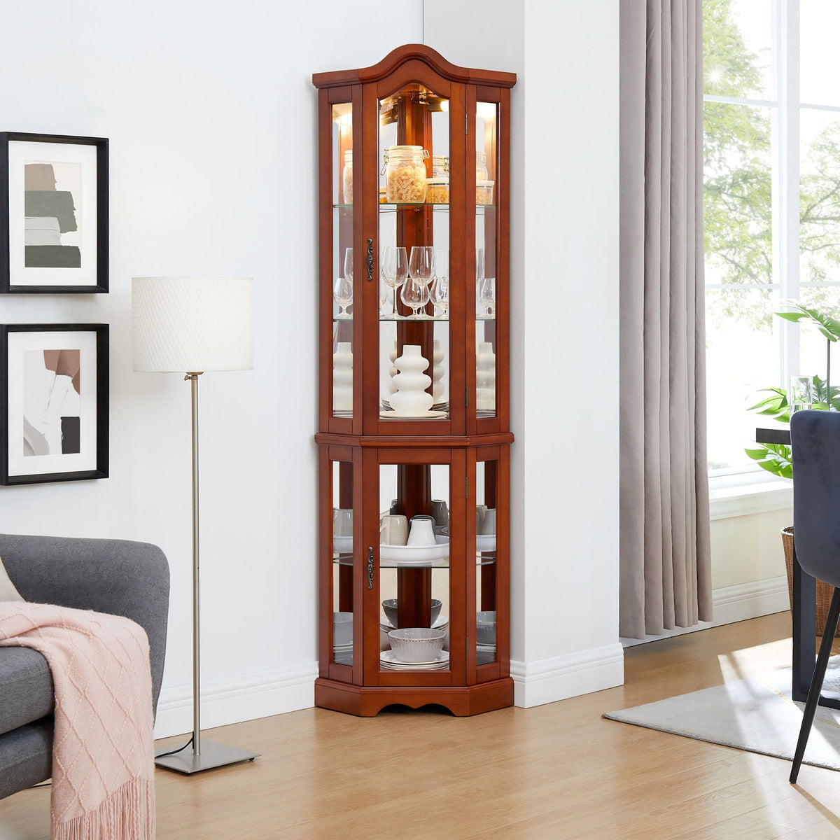 Corner Curio Cabinet with Lights and Adjustable Shelves - Walnut