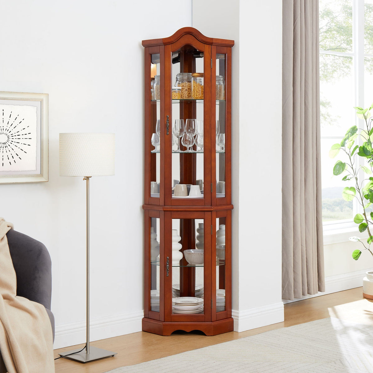Corner Curio Cabinet with Lights and Adjustable Shelves - Walnut