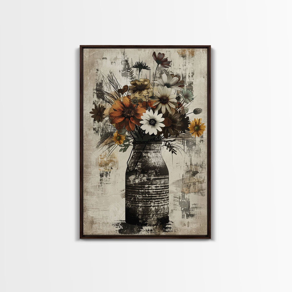 Rustic metal vase filled with autumn flowers on rustic background Framed Canvas