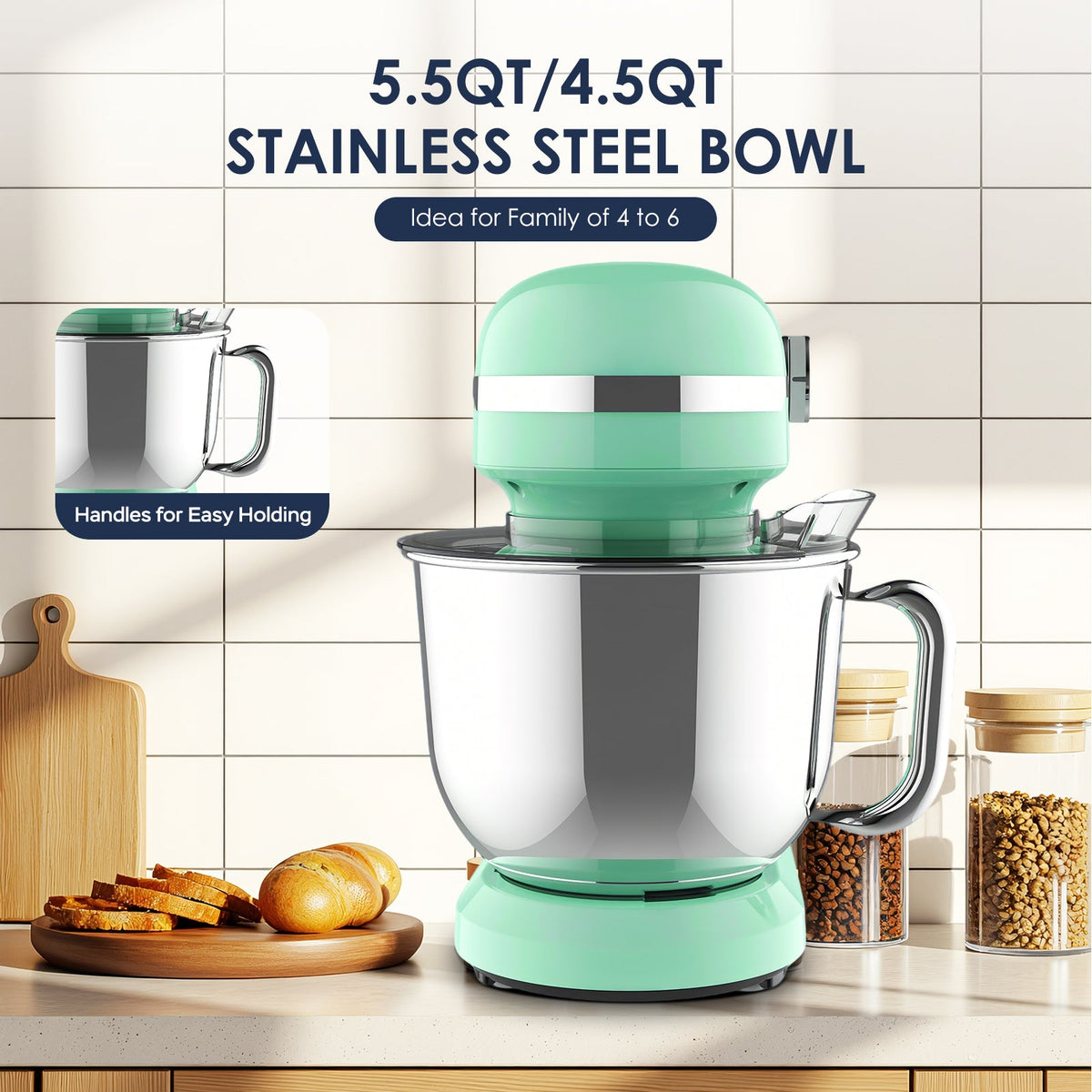 Electric Stand Mixer with Dual Stainless Steel Bowls, 12 Speeds - Green
