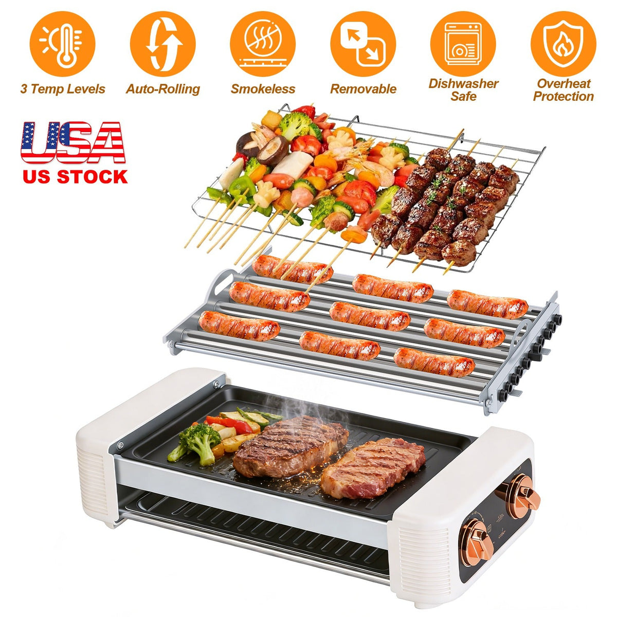 3 In 1 Electric Hot Dog Roller Machine with Grill & Griddle 6-Roller Hot Dog Cooker Smokeless Non-Stick Indoor Outdoor with 3 Temp Levels for BBQ Saus