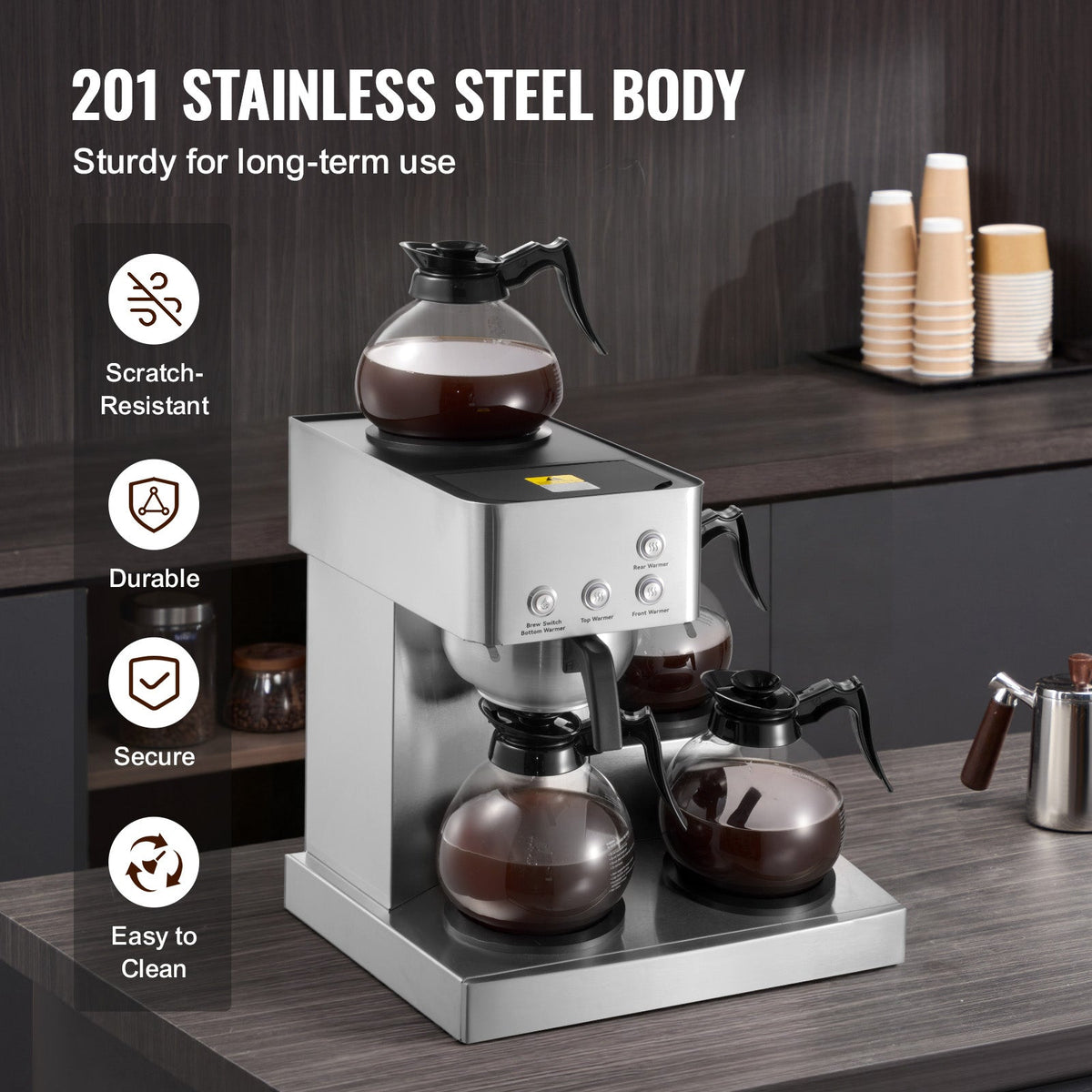 Commercial Drip Coffee Maker, 12 Cups Coffee-Maker Machine with 4 Glass Carafes and 4 Decanter plates