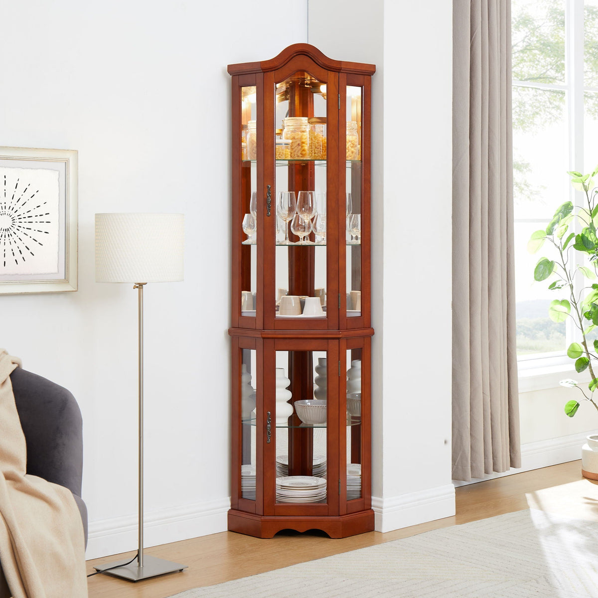 Corner Curio Cabinet with Lights and Adjustable Shelves - Walnut