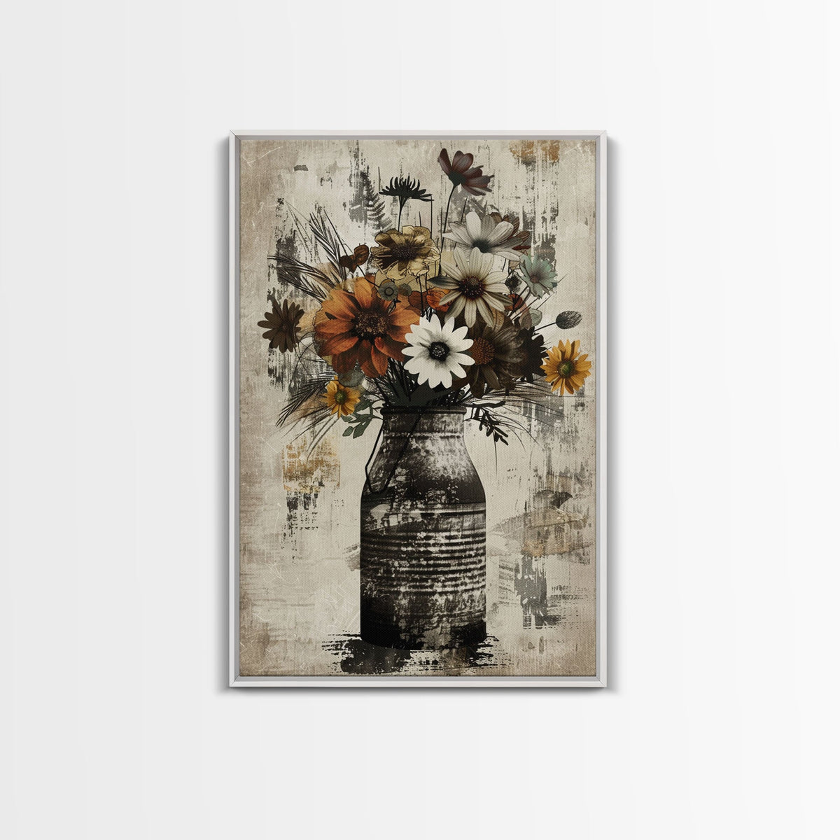 Rustic metal vase filled with autumn flowers on rustic background Framed Canvas
