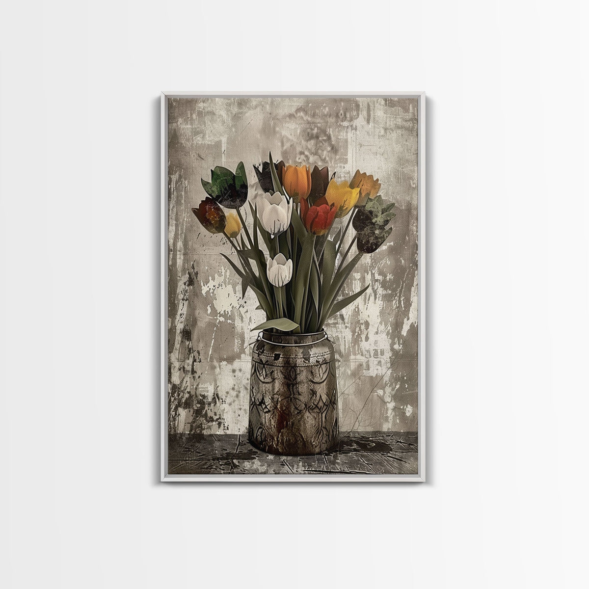 Rustic vase filled with tulips against a distressed background Framed Canvas Print - floral decor, farmhouse wall art, rustic flower print