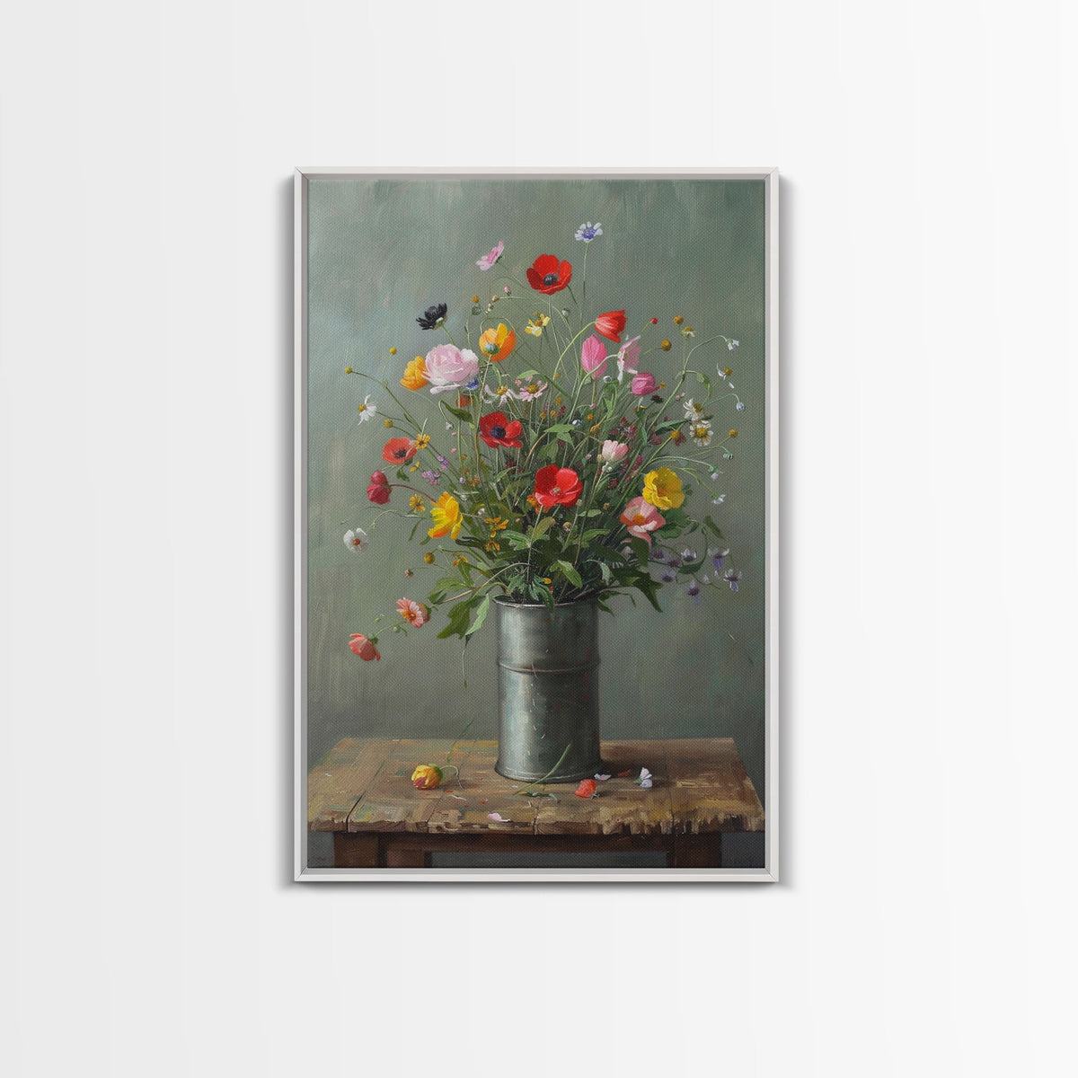 Rustic Flower Vase Art on Weathered Table - Framed Canvas Print