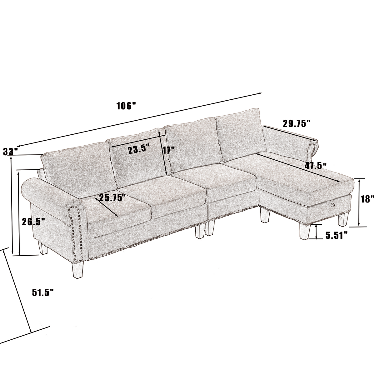Convertible Sectional Sofa with Storage,L-shaped sofa Modern Linen Fabric