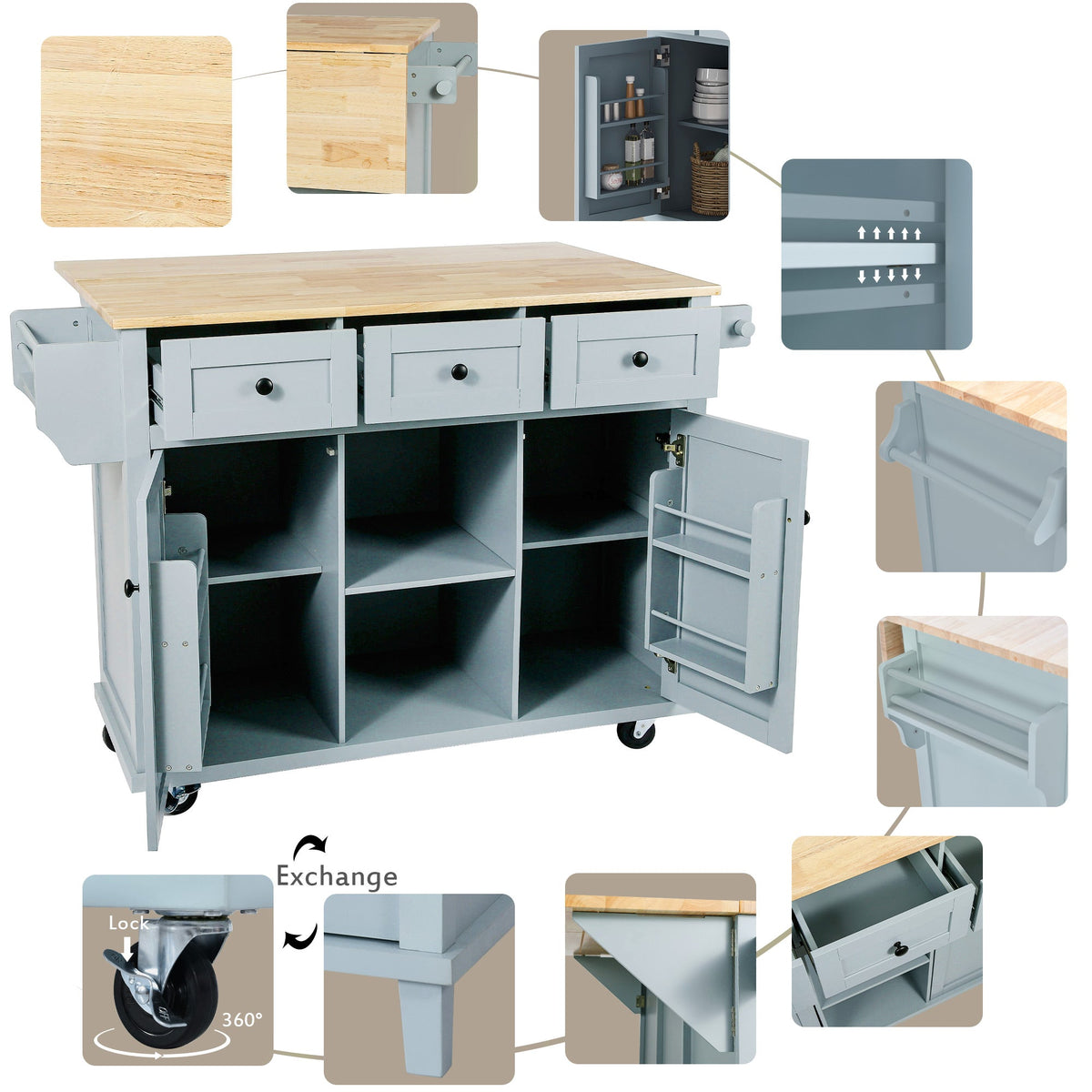 Kitchen handcart with rubber wood leaf countertop, storage cabinet