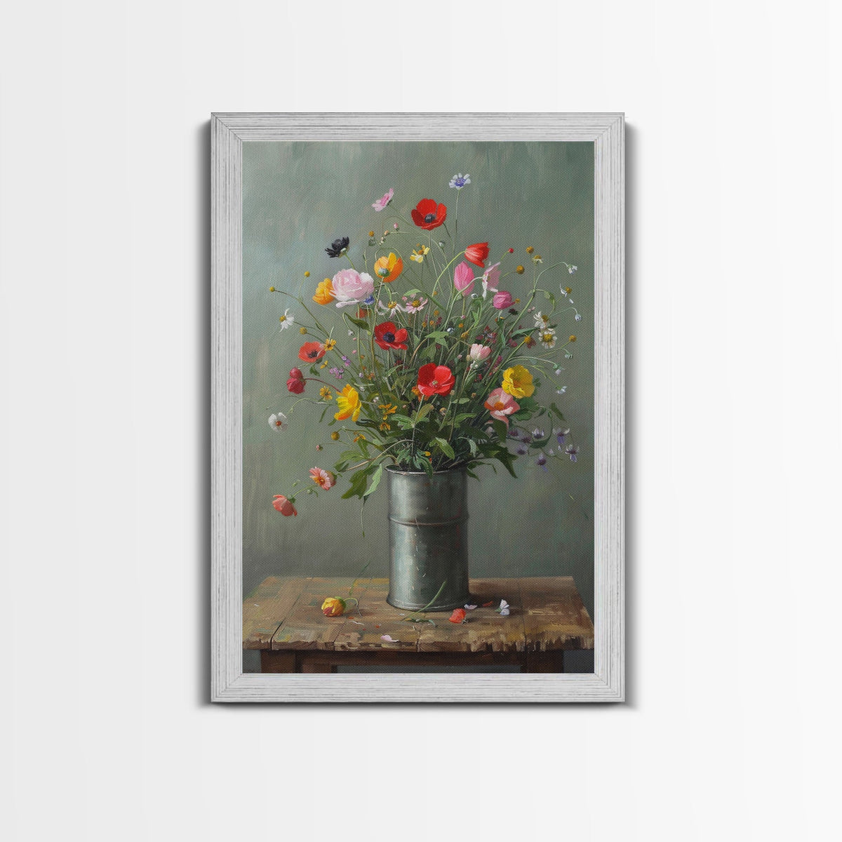 Rustic Flower Vase Art on Weathered Table - Framed Canvas Print