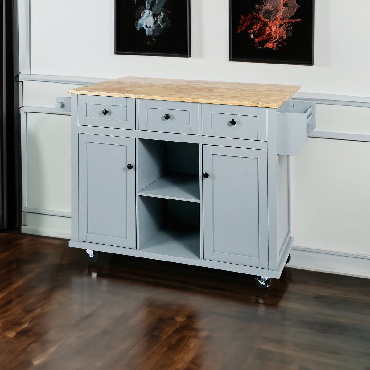 Kitchen handcart with rubber wood leaf countertop, storage cabinet