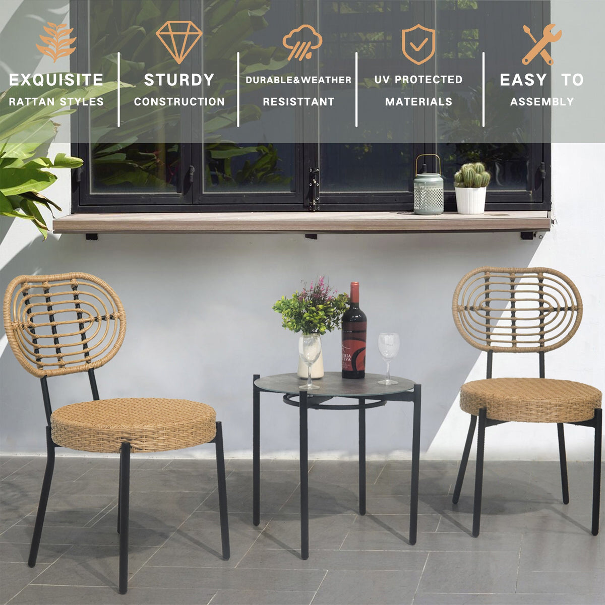 3 Pieces Of Luxury Outdoor Wicker Furniture - Patio Bistro Style