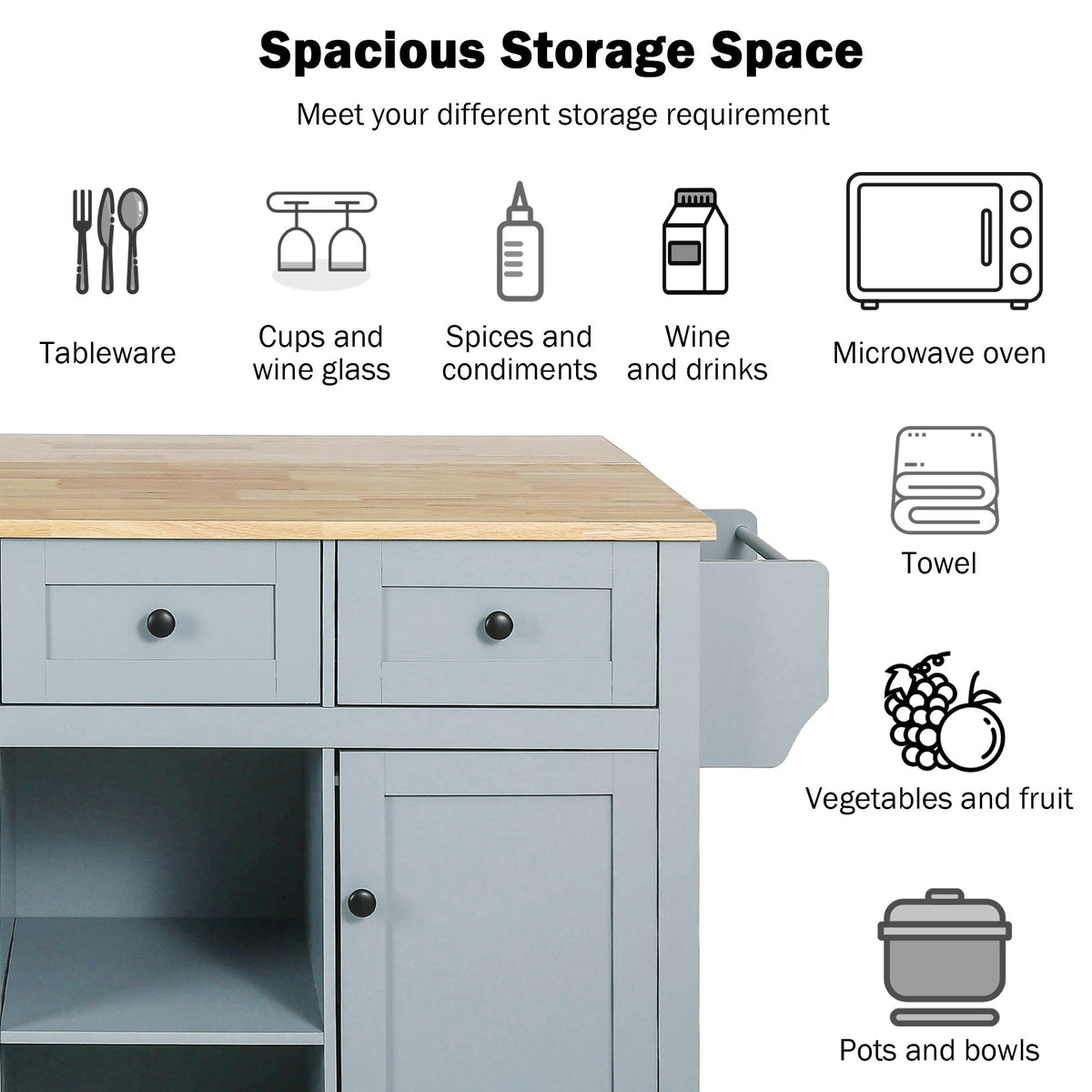 Kitchen handcart with rubber wood leaf countertop, storage cabinet