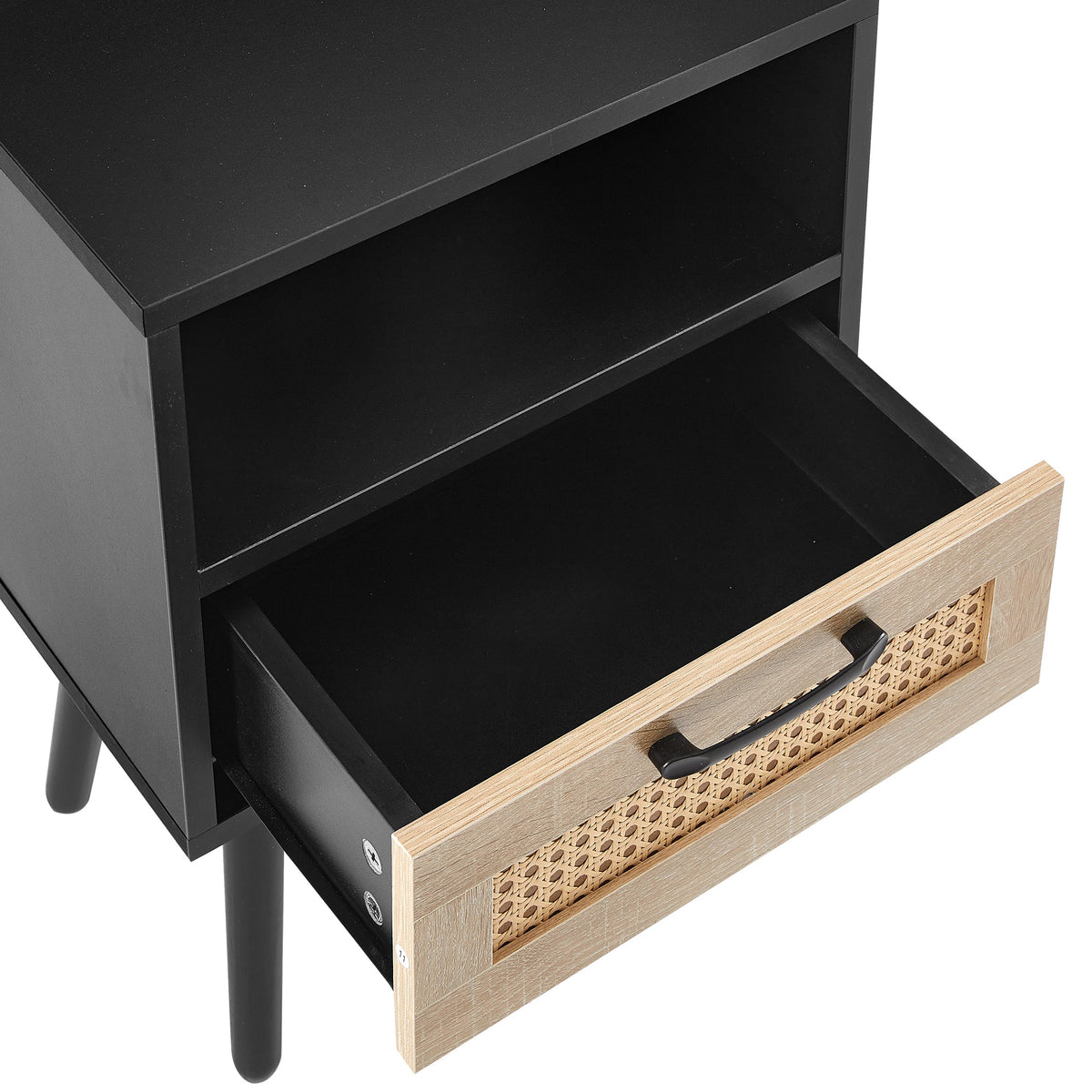 15.75" Rattan End table with drawer and solid wood legs Modern nightstand
