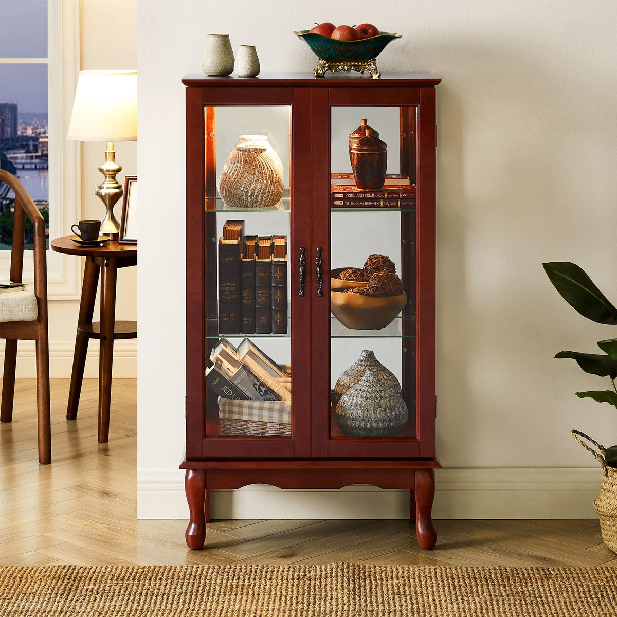 Lighted Curio Display Cabinet with Adjustable Shelves - Light Brown, Dark Brown, Dark Red