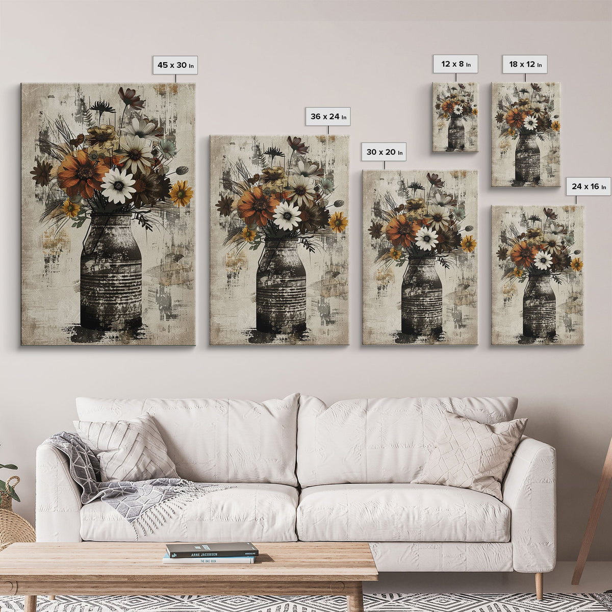 Rustic metal vase filled with autumn flowers on rustic background Framed Canvas