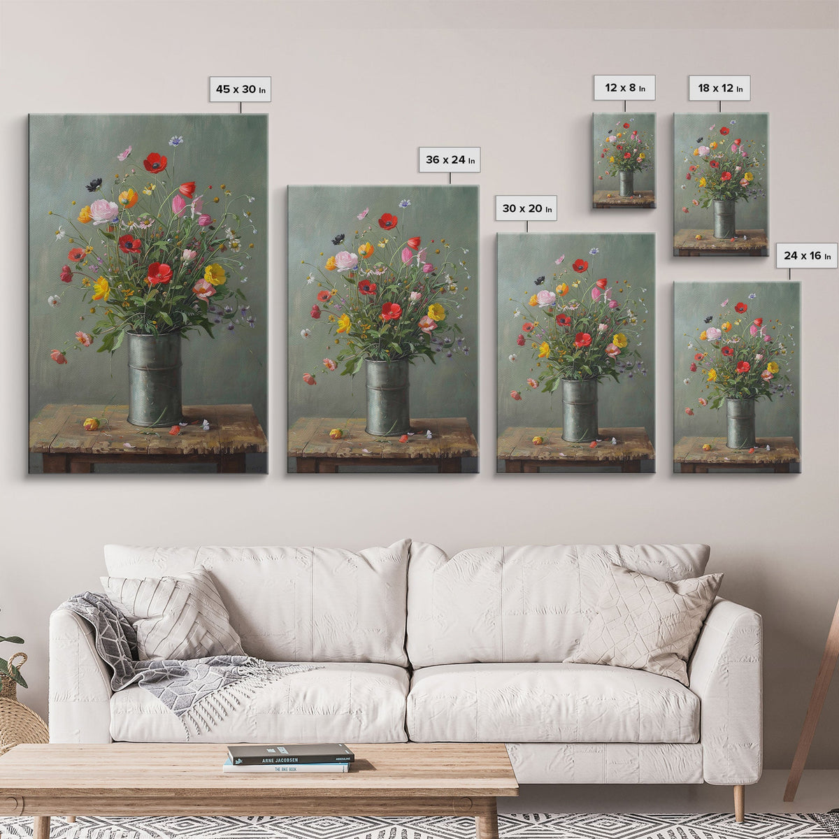 Rustic Flower Vase Art on Weathered Table - Framed Canvas Print
