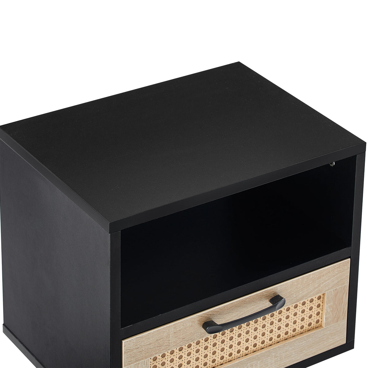 15.75" Rattan End table with drawer and solid wood legs Modern nightstand