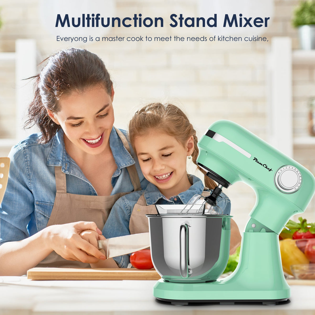 Electric Stand Mixer with Dual Stainless Steel Bowls, 12 Speeds - Green