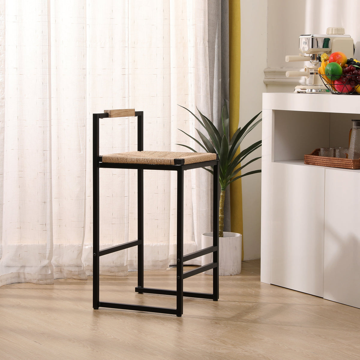 Set of 2 Bar Stools with Back Paper Rope Woven Counter Height