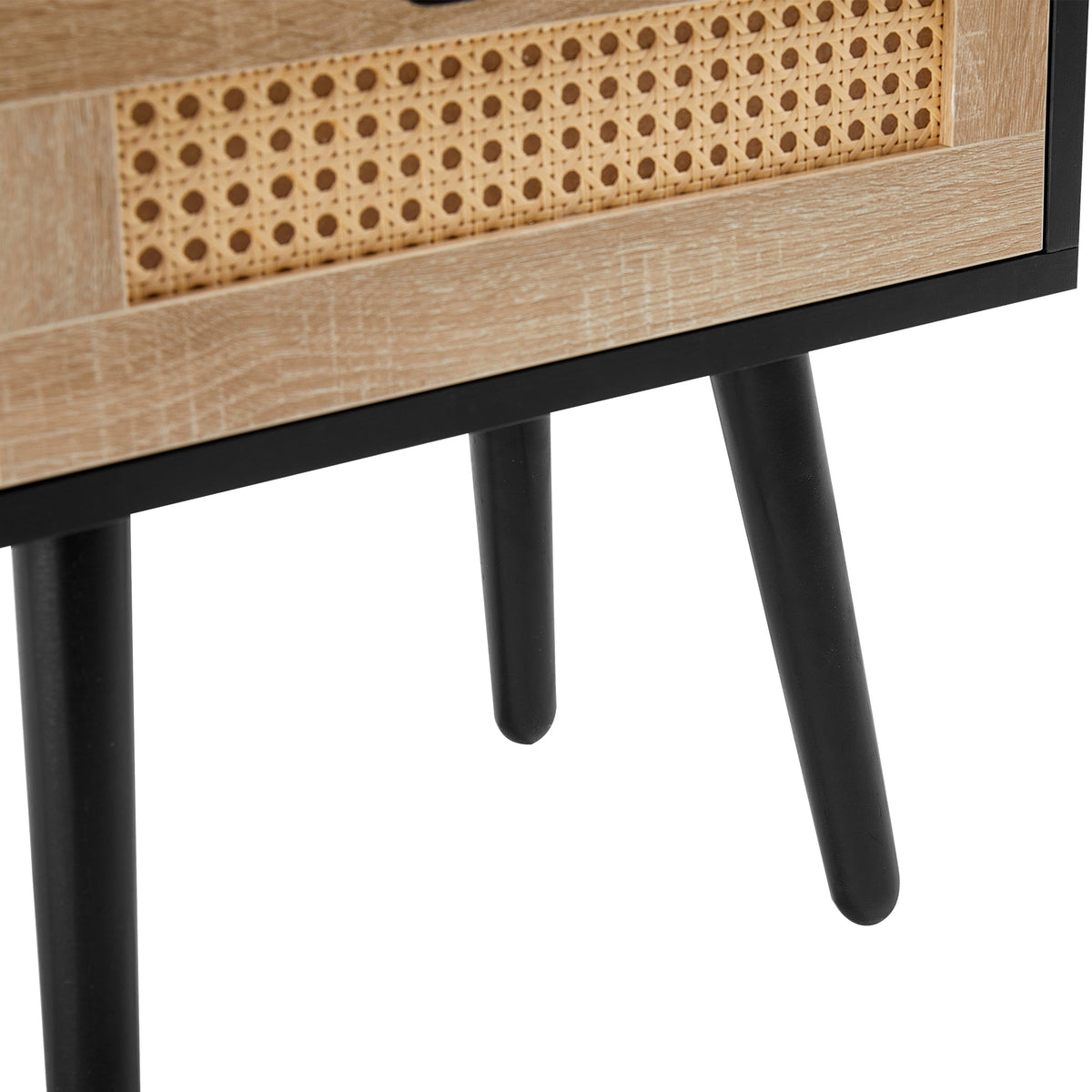 15.75" Rattan End table with drawer and solid wood legs Modern nightstand