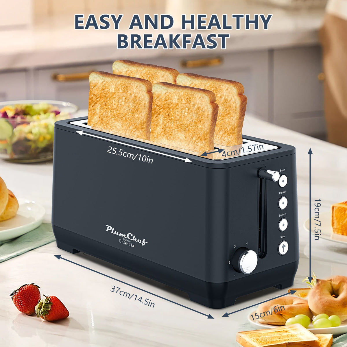4-Slice Extra Wide Long Slot Toaster with 6 Browning Settings - Stainless Steel