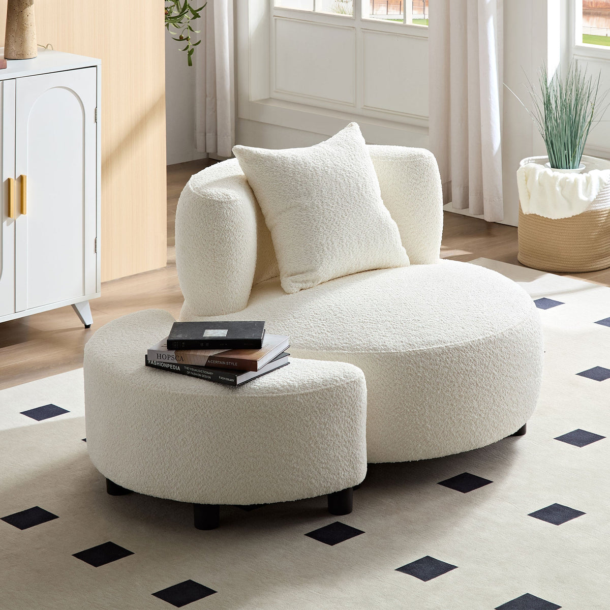 Modern Chair, Single Teddy Fabric Sofa Chair with Ottoman Foot Rest