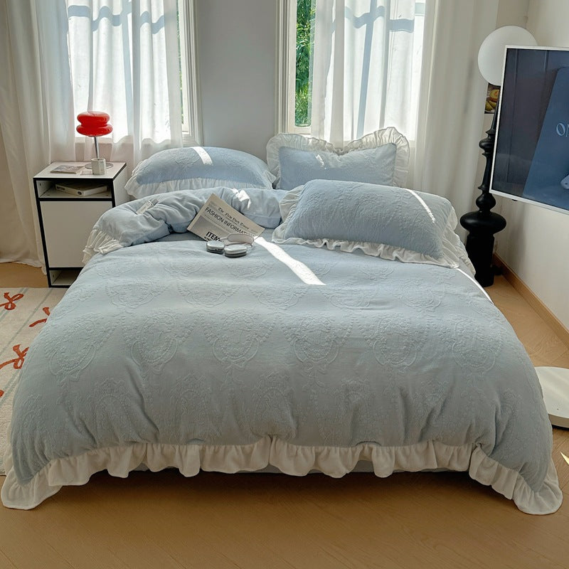 A-class ins princess style milk velvet four piece set lace carved velvet warm cover winter bedding